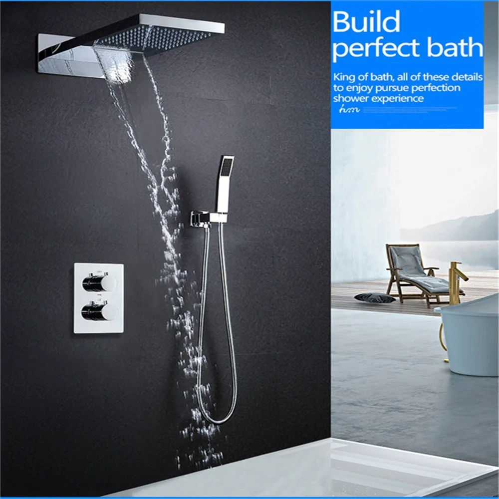 Bathroom Luxury LED Shower Faucet Set Rainfall Waterfall Shower Head With Thermostatic Shower Mixer Diverter Valve Set