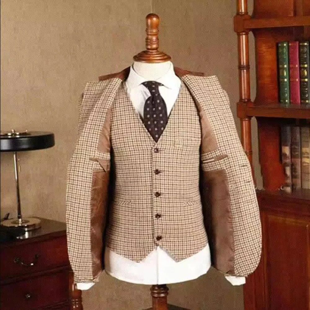 Elegant Groom Wear Wedding Tuxedo Customized Houndstooth Plaid Wool Blend Blazers Formal Business Party Suits Men Slim Fit 2025