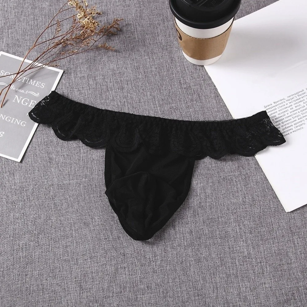 Comfortable Low Waist Men's Lace Thongs Underpants Thin Men's Mesh Lace Panties Lingerie Ruffle Belt Male Briefs Summer