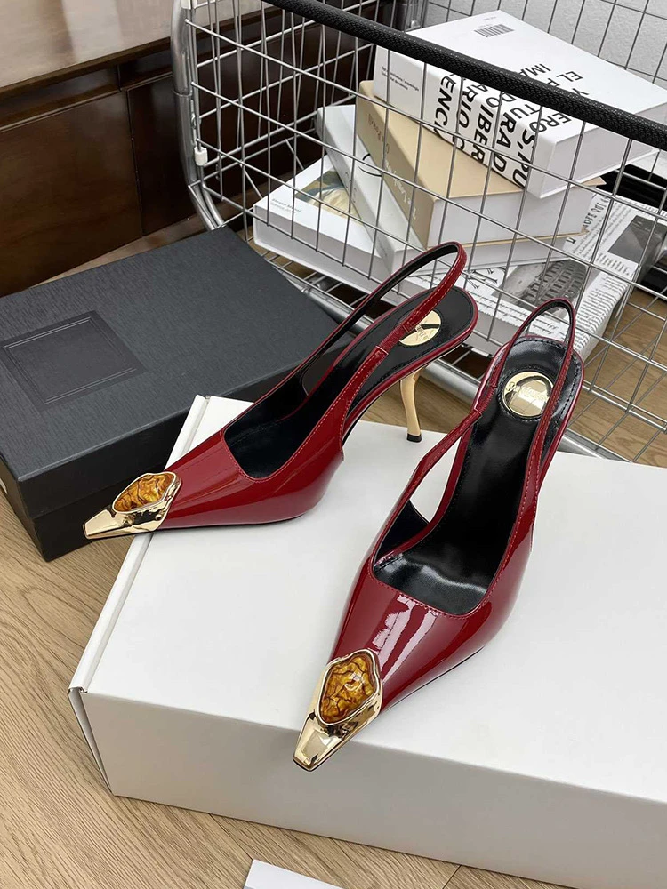 New Spring and Summer Women's High Heels High-end Metal Square Head Patent Leather Stiletto Comfortable Back Sandals