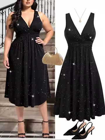 Plus Size Women Sleeveless V Neck Glitter Ruched A Line Midi Dress Elegant Spring Summer Date Night Party Evening Flowy Dress