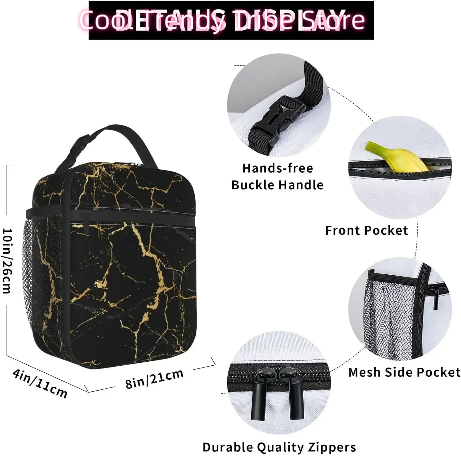 Black Marble Lunch Bag Insulated Portable Reusable Marbling Texture Lunch Box