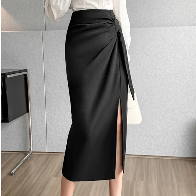 Seoulish Elegant Side Split Women's Skirts 2024 Autumn Vintage High Waist Solid Color Casual Office Lady A-line Skirts Female