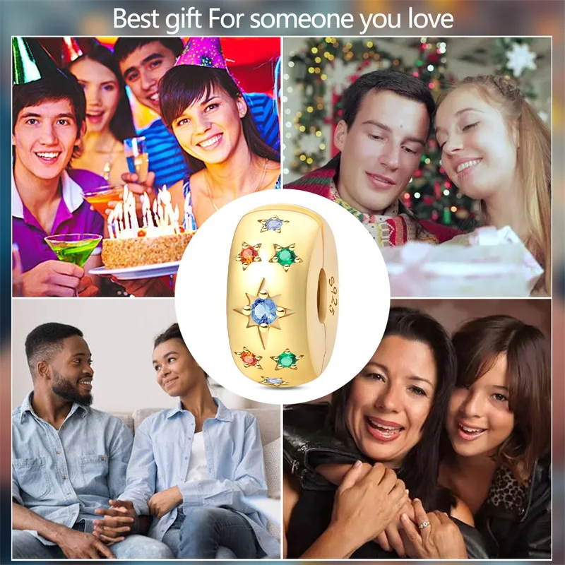 925 فضة سحر الخرز الملونة ستار الذهب مشبك أمان السلامة مشبك ثابت صالح الأصلي سوار DIY النساء المجوهرات #6