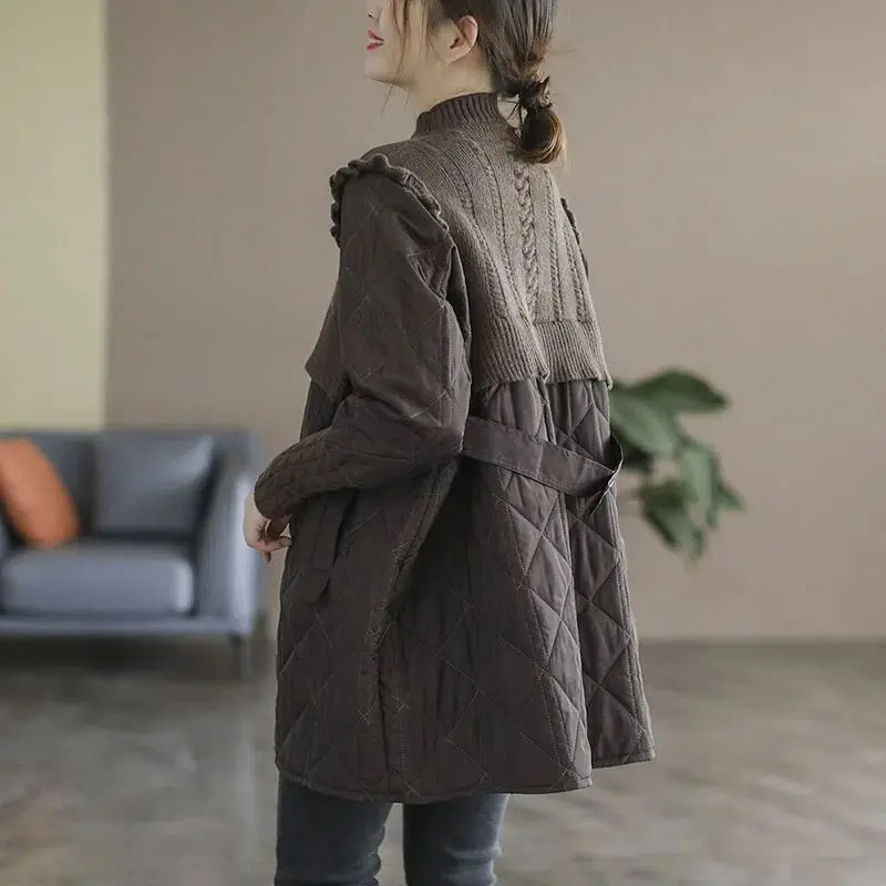 レディースニットロングスリーブサーマルコットンジャケット秋冬スタンドカラースプライシングデザイン快適な韓国風スレコート