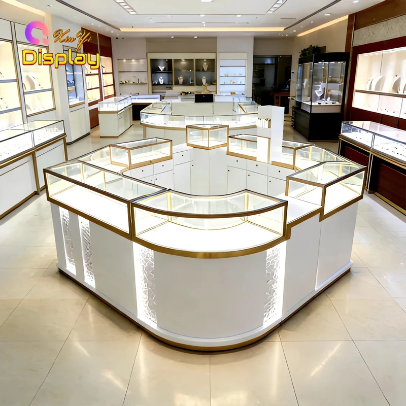 custom.Luxury Island Jewelry Display with Stainless Steel Glass LED Lighting Eco-Friendly Shopping Mall Retail Sto