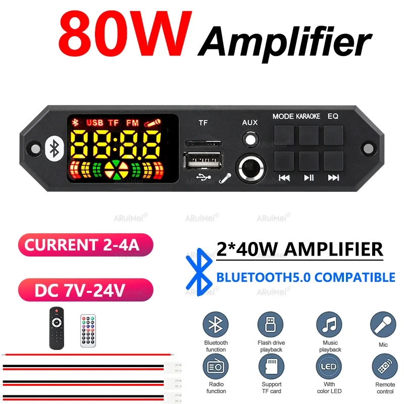 ARuiMei 80W Bluetooth Amplifier Board, 2×40W Stereo Audio Amp with Mic, USB/TF/FM/AUX, Karaoke EQ & Remote, DC7-24V for Car Home