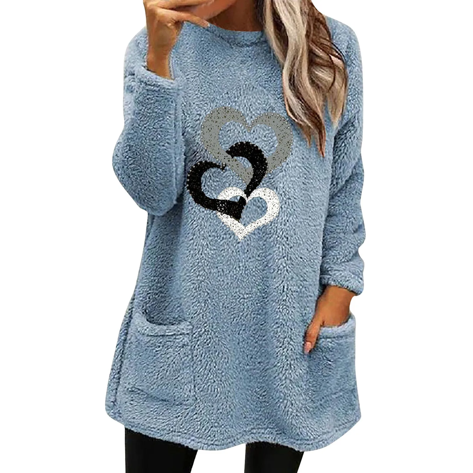 Chain Love Printed Round Neck Sweatshirt Dress Loose Long Sleeve Pocket Plush Full Zip Jacket Fleece Sweater Jacket Women