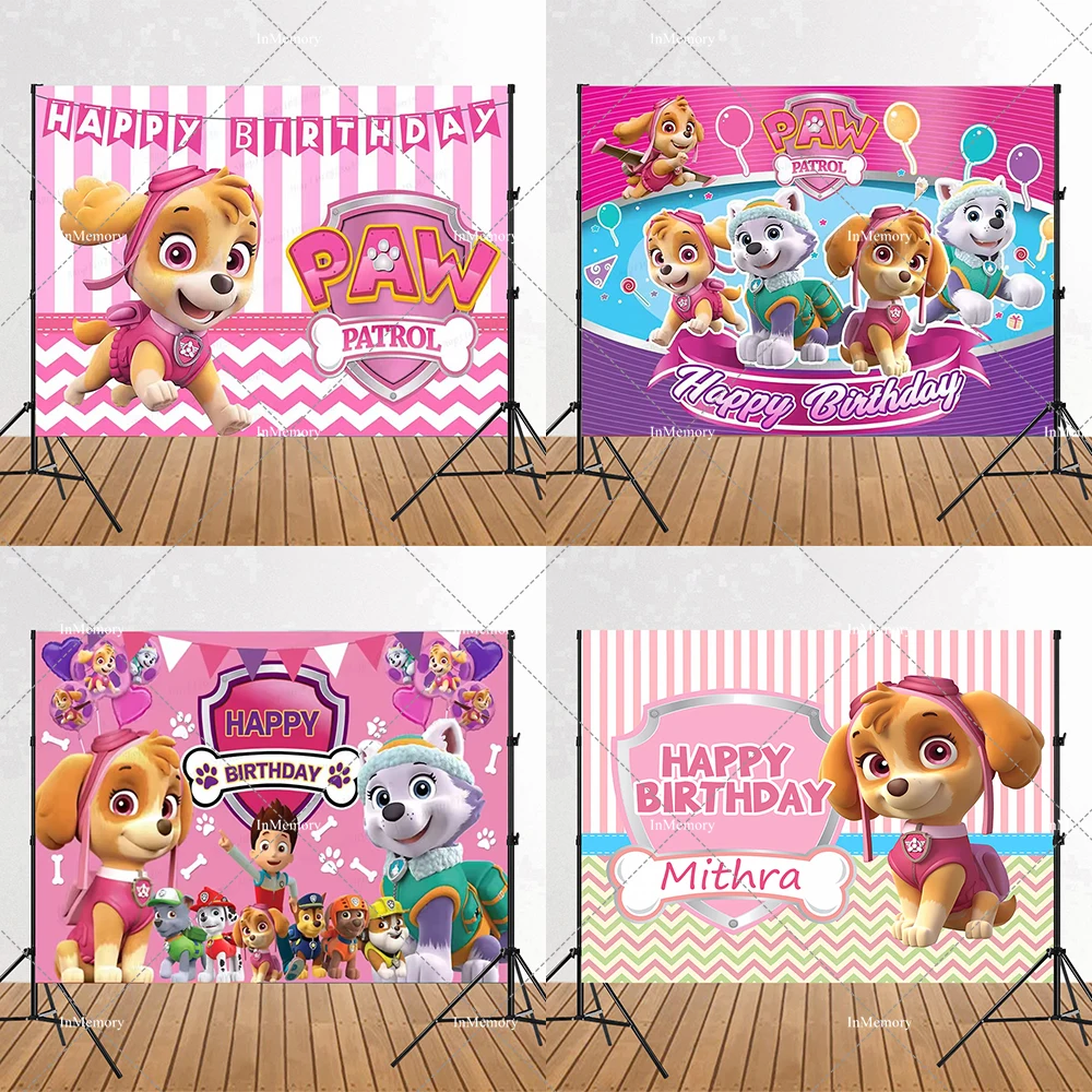 Maßgefertigter Paw Patrol Themen-Hintergrund für Mädchen 1., 2., 3. Geburtstag Skye Everest Geburtstags-Hintergrund Party Wanddekoration Welpen-Fotografie-Hintergrund