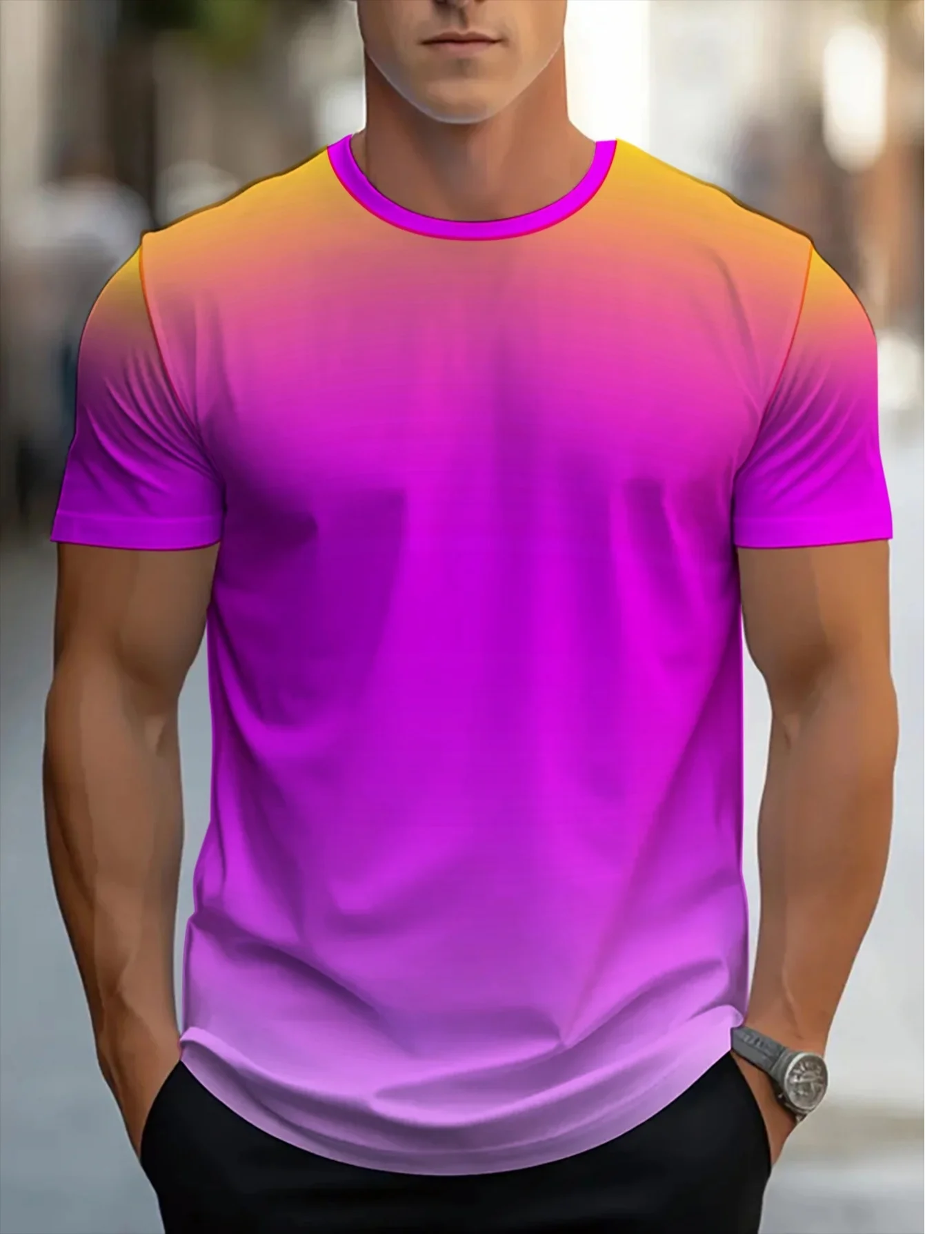 Orange Magenta Gradient Crew Neck Sport Tee Quick Dry Breathable Casual Training Top