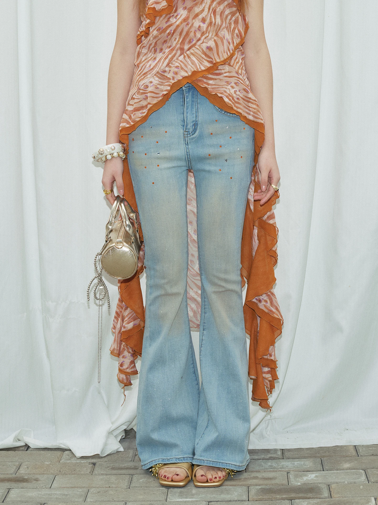 

High Waist Slim Fit Bell Bottom Jeans Women's Fashion Spring New Style Sparkling Rhinestone Denim Pants Trendy Cotton Zipper