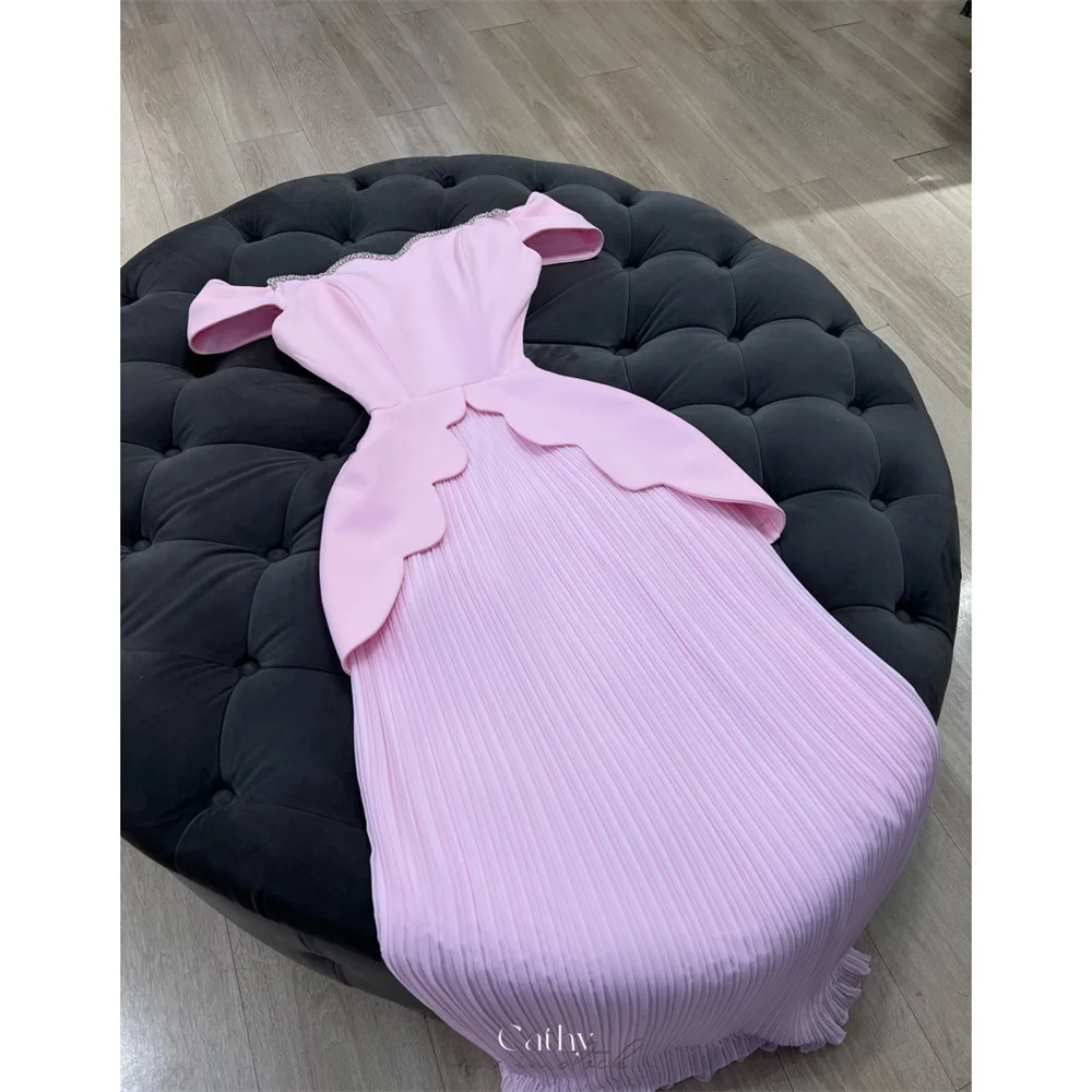 

Cathy Customized Pink Off Shoulder Rhinestones Prom Dress A-Line Sleeveless vestidos de noiva Draped Floor-Length Formal Evening