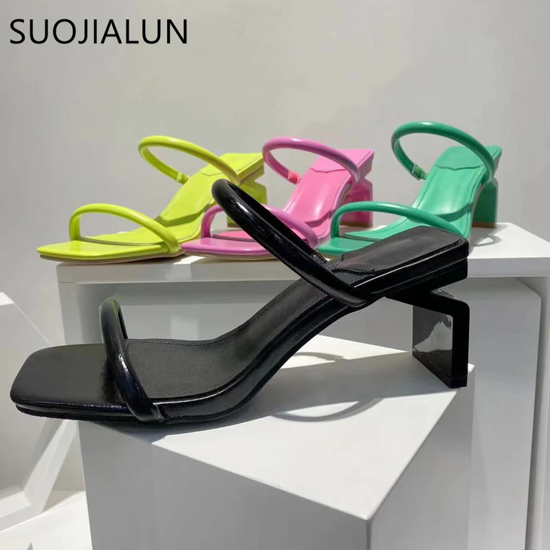 

SUOJIALUN 2022 Summer Gladiator Shoes Square High Heel Women Slides Fashion Narrow Band Square Toe Ladise Beach Sandal Slides