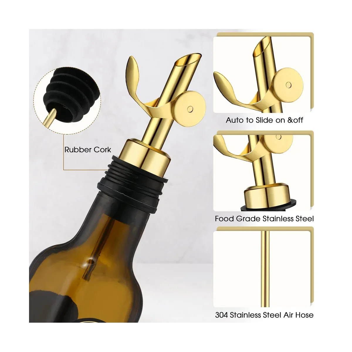 

6Pcs Weighted Stainless Steel Liquor Bottle Pourers Auto Flip Olive Oil Dispenser Spout Balsamic Alcohol Pourer (Gold)
