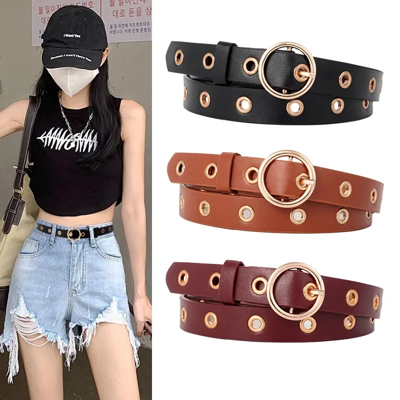 

New Korean Simple and Fashionable Street Shot Black Belt Air Eye Hollow Women's Belt Free of Punching