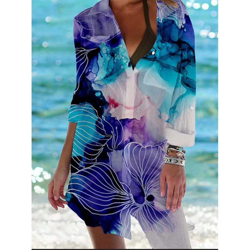 

Платье нового стиля в гавайском стиле с градиентом тай-дай и 3D-печатью. Женская блузка средней длины с длинными рукавами.