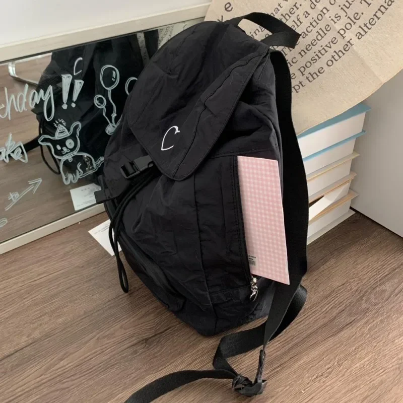 MBTI Black Womens Backpack Love Embroidery Nylon Korean Style Fashion Casual Backpacks Large Capacity Outdoor Simple Female Bag