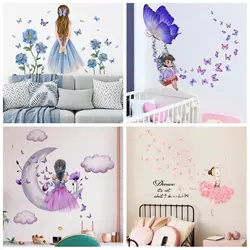 Mural autoadhesivo de acuarela para decoración del hogar, calcomanías de flores y mariposas, arte de niñas en la Luna, pegatinas de pared de princesa