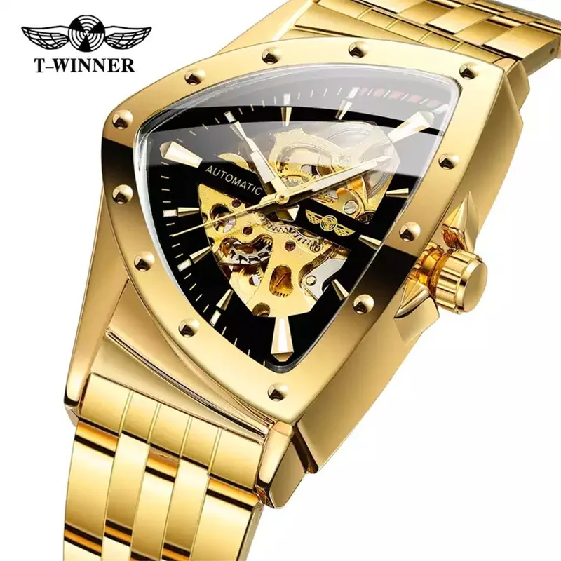 WINNER Triangle Skeleton Watch for Men Automatic Mechanical Wristwatch Irregular Luxury Stainless Steel Strap relogio