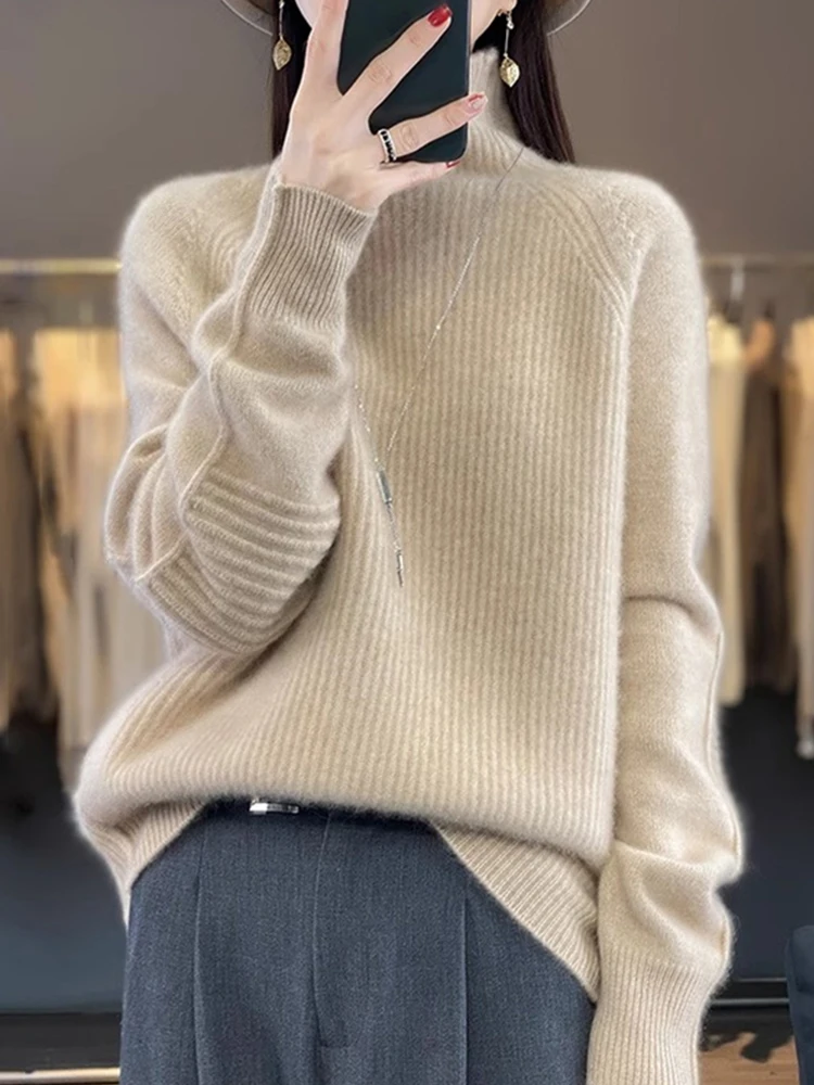 Thiened الدافئة عالية الياقة Camere محبوك قاعدة irt الخريف الشتاء عادية فضفاض سترة صوفية Ele العلوية سترة