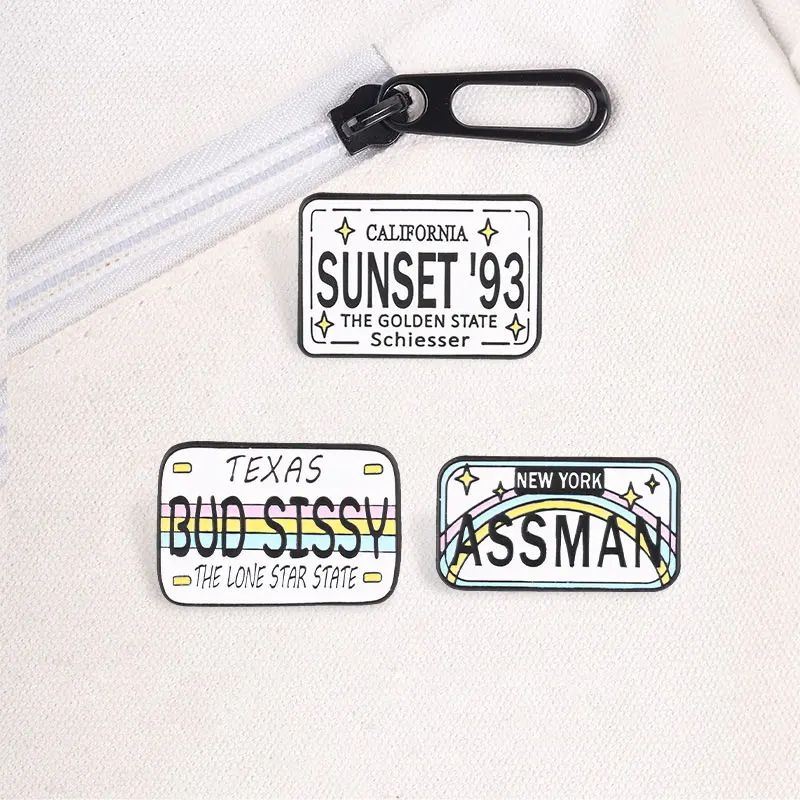 TV Show License Plate Enamel Badge California Sunset 93 Texas Bud Sissy NY Assman Humor Gift for Film Buffs view 3