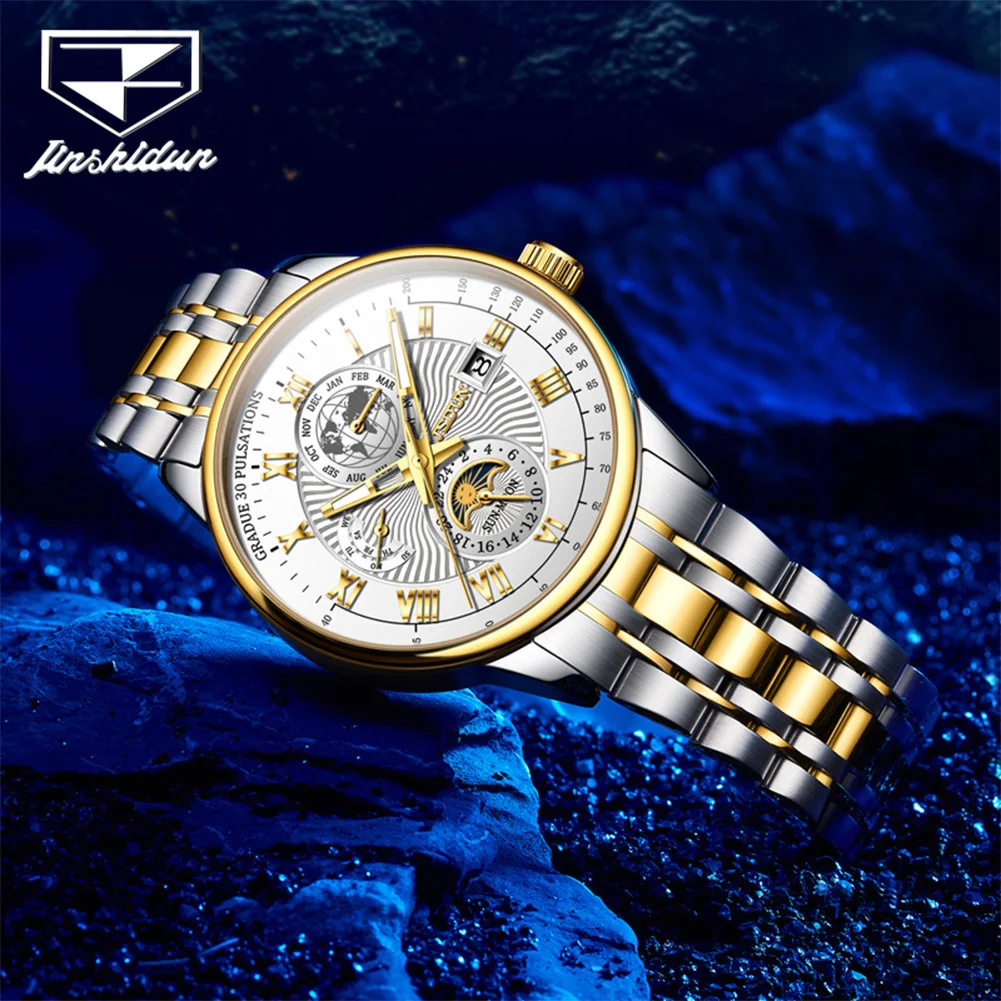 

JinShiDun 8909 Luxury Brand Watches Moon Phase Luminous Waterproof Automatic Mechanical Watch for Man Date Stainless Steel Watch