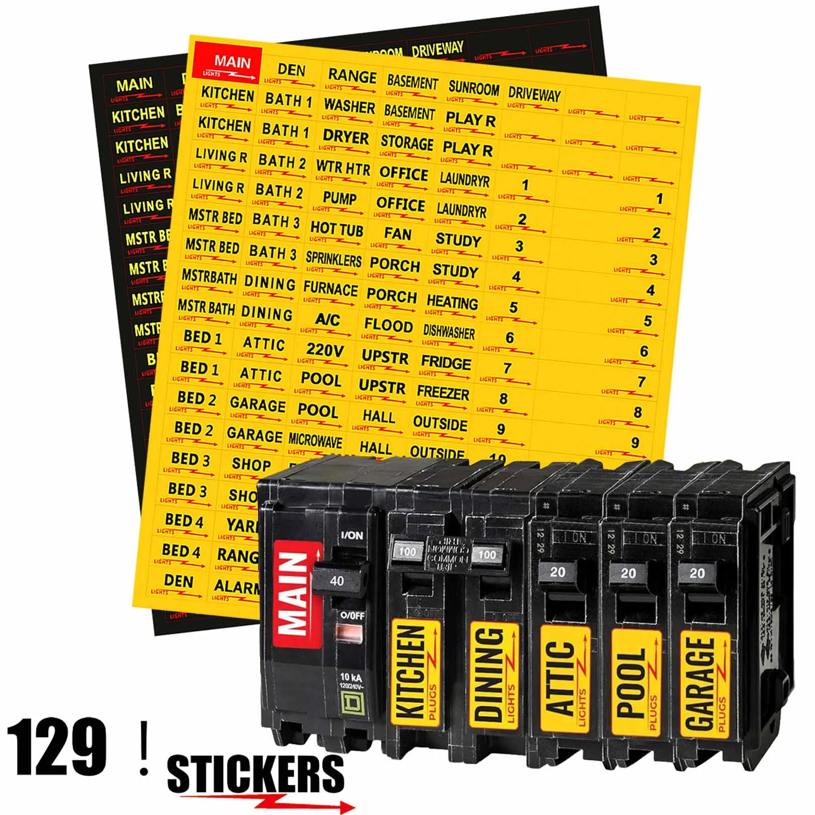 129Pcs Weatherproof Circuit Breaker Switch Box Index Labels 6.5*7.28inch Conspicuous Identification Reminder Fuse Box Stickers