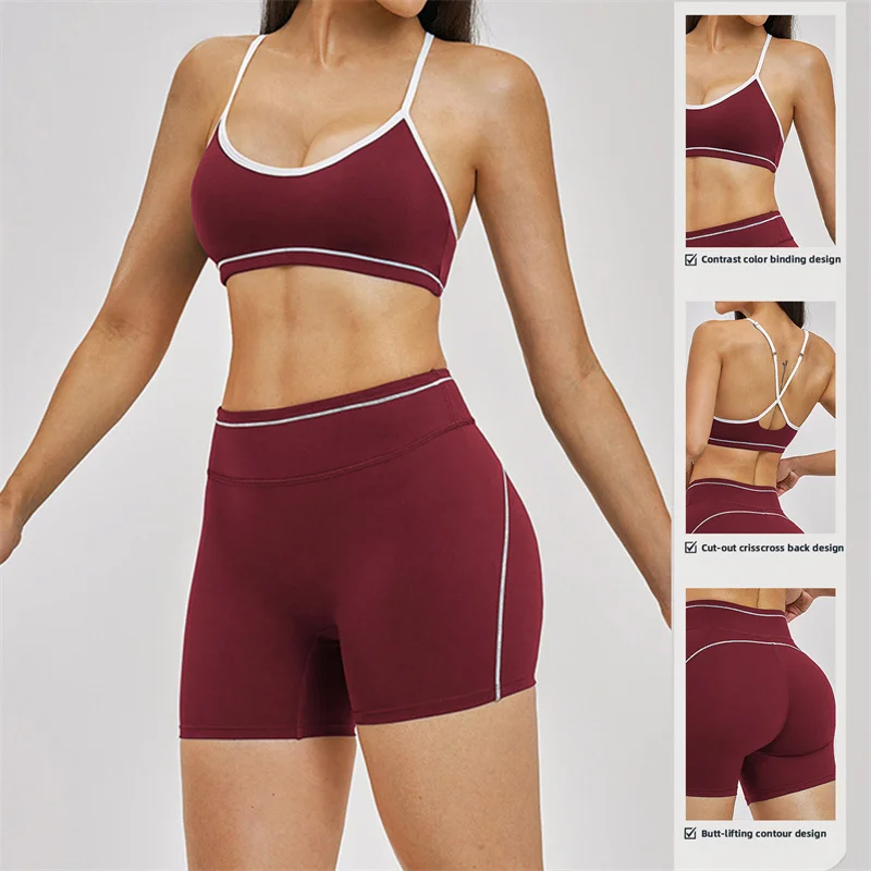SVEIC Women’s Gym Set Color Block Sports Bra Quick Drying Fitness High Waisted Shorts Booty Lift Workout Running Yoga Clothing