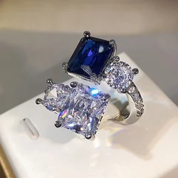 LXOEN Luxury Big Blue Bling Zircon Stone Silver Color Adjustable Ring for Women Wedding Party Engagement Fashion Jewelry 2022