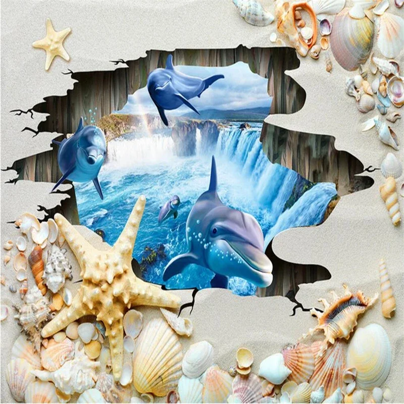 beibehang Copyright picture beach shells Photo Self-adhesive Wallpaper 3D Floor Waves Mural PVC Wallpaper Living Room Bathroom