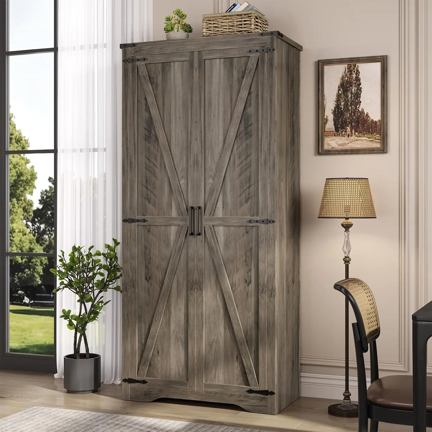 Tall Storage Cabinet Adjustable Shelves 2 Barn Doors, Farmhouse Pantry Kitchen Garage Basement Living Room, Grey, Customized