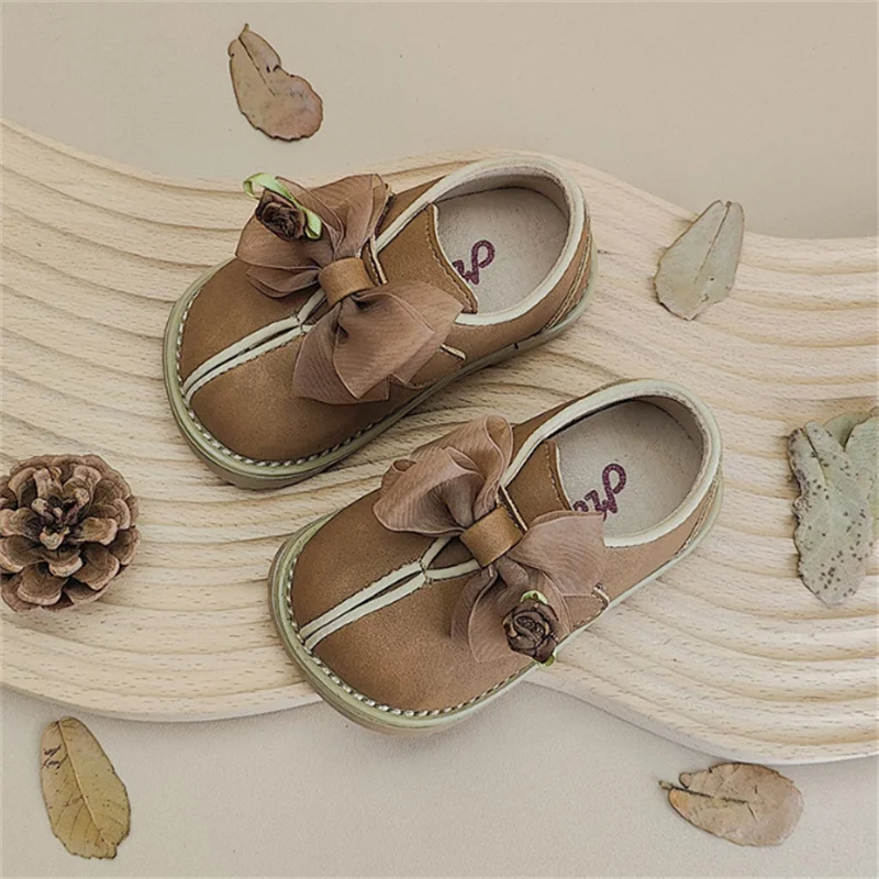 2024 New Autumn Baby Shoes Leather Butterfly-knot Girls Princess Shoes Soft sole Fashion Toddler Kids Shoes