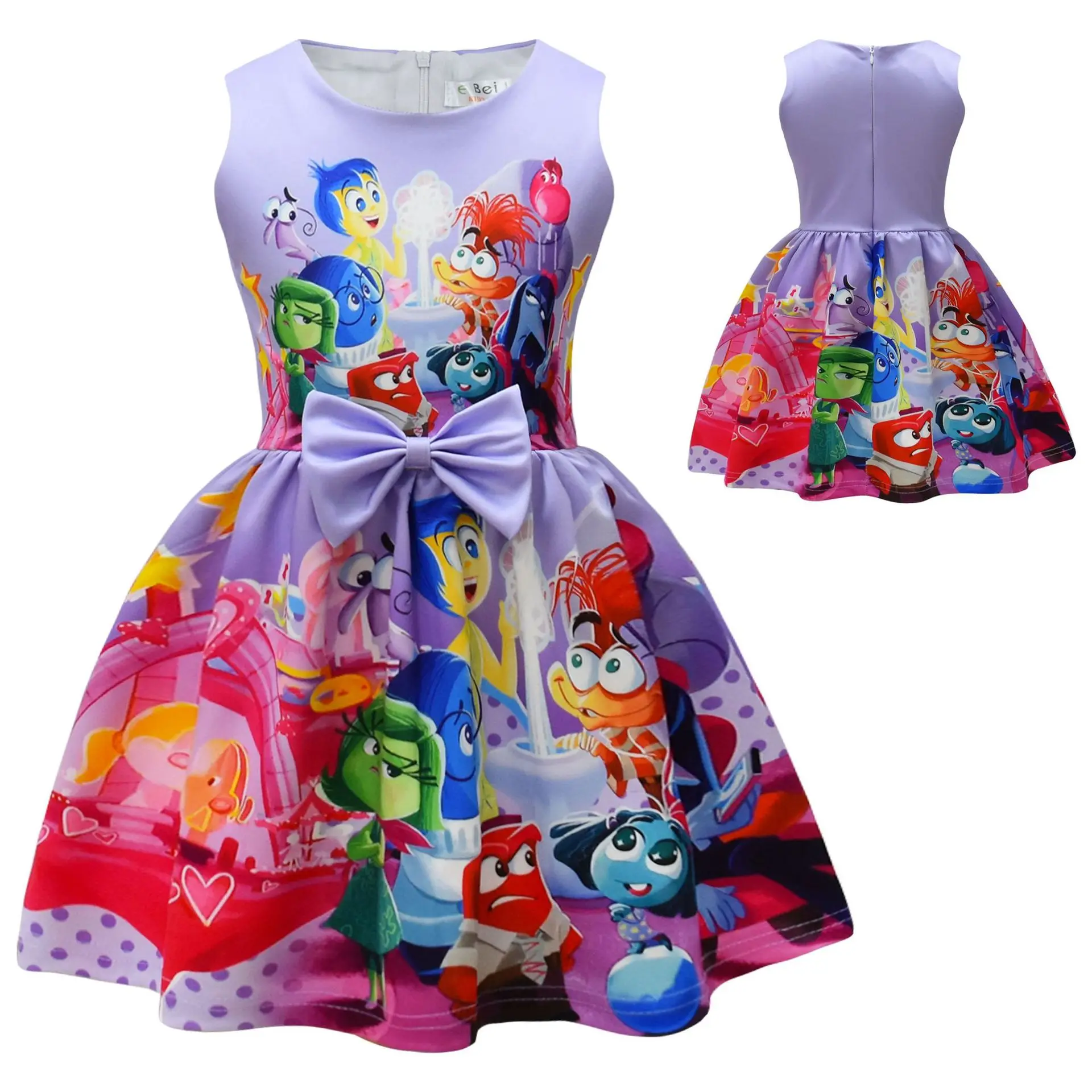 

Baby Girls Inside Out Halloween Carnival Costumes Disgust Joy Cartoon Print Bow Dress Kids Summer Dresses