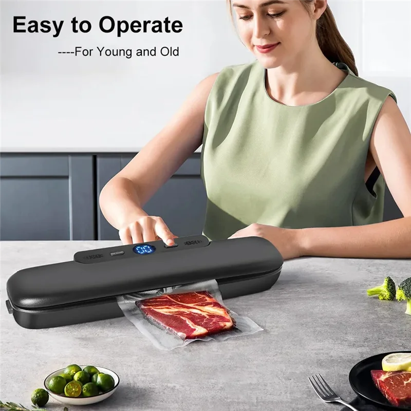 ABBN-Automatic Vacuum Sealer Machine For Food Storage With 50Pcs Food Saver Bags Sealing Machine For Vacuum EU Plug-Black Easy T