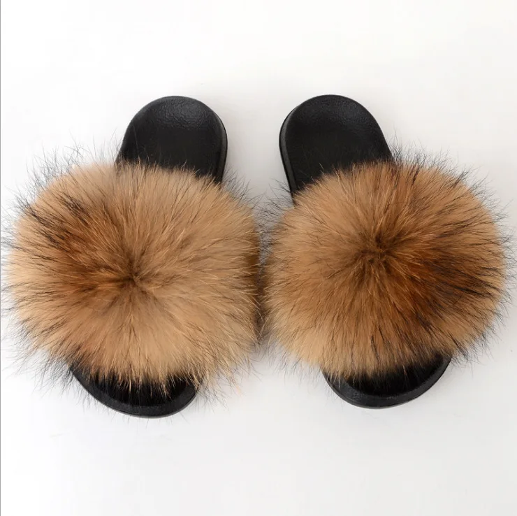 Women Raccoon Fur Slides Slippers Open Toe Slip On Flat Indoor Plush Slippers Home Bedroom Fuzzy Casual Outdoor Comfy Sandle