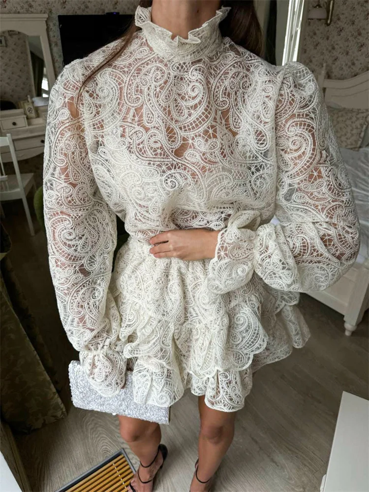 

Tossy Casual Lace Printed 2 Piece-Set Skirt Women Hollow Out Sexy Long Sleeve Pullover And Patchwork Y2k Skirt Outfits Female