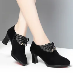 Deep Mouth Block Heels Platform Shoes Women Pumps 2024 Pointed Toe Soft Leather High Heel Office Black Elegant Bow Tie Retro