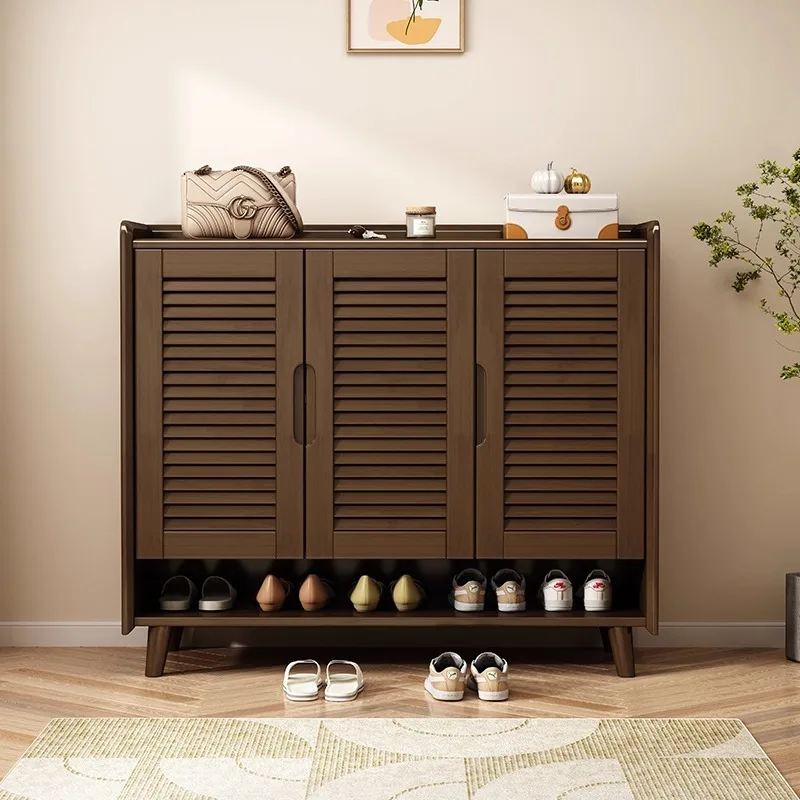 Rubber wood shoe storage cabinet Household entrance door Large capacity louver door Breathable shoe cabinet