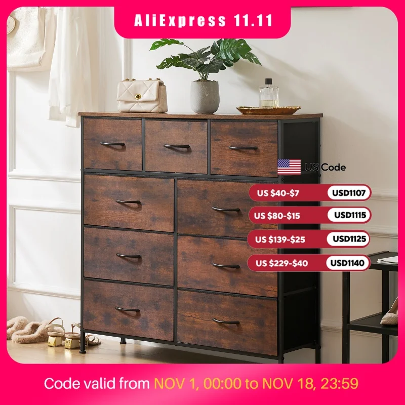 JHK Dresser For Bedroom With 9 Fabric Storage Drawer Wardrobe Tall Chest Organizer Closet Adult Kids Clothes Cabinet Furniture