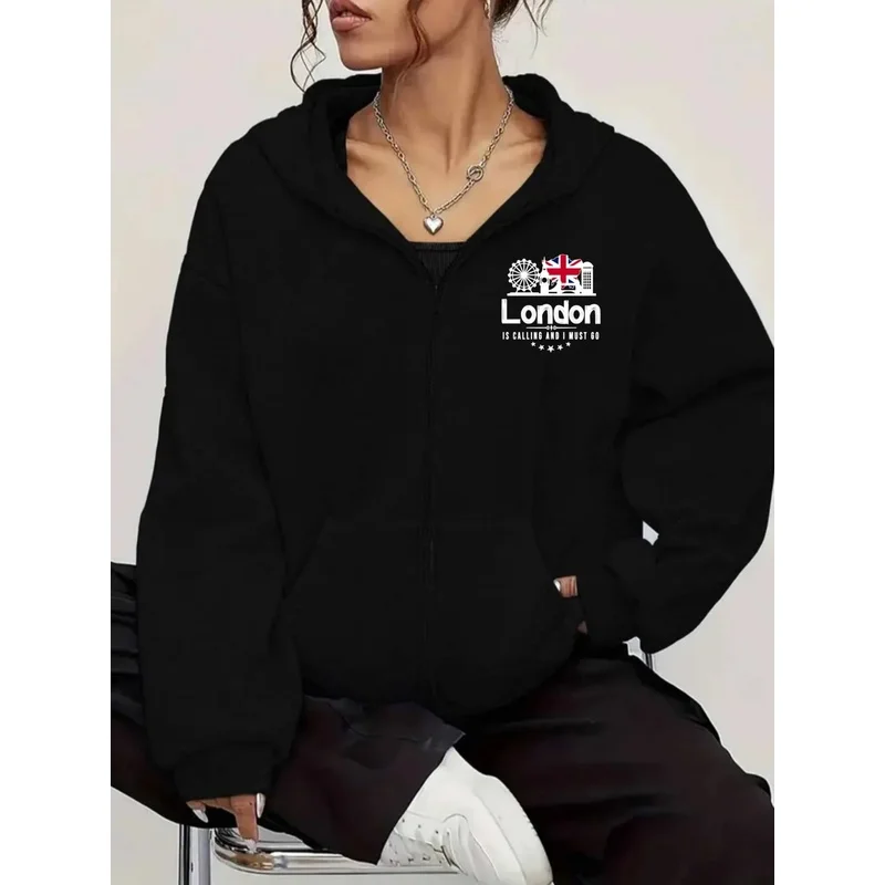 Women London Is Calling And I Must Go Print Hoodie Casual Long Sleeve Fleece Hooded Sweatshirt