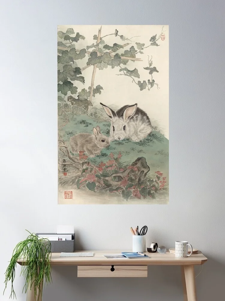 Cute Rabbit Painting, Print Art Canvas Poster, For Living Room Decor, Home Wall Picture