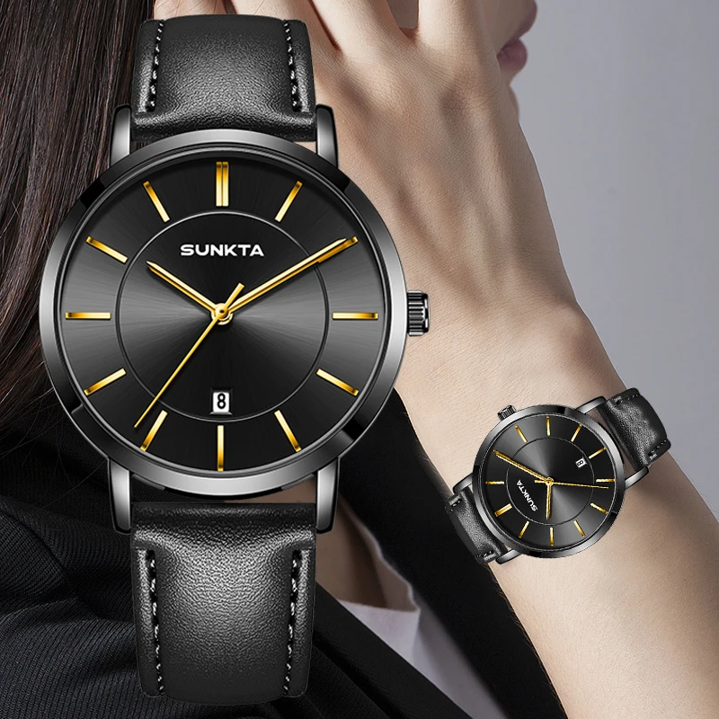

SUNKTA Top brand luxury simple Women's Watch luxury date leather waterproof elegant quartz wristwatch Watch women montre femme
