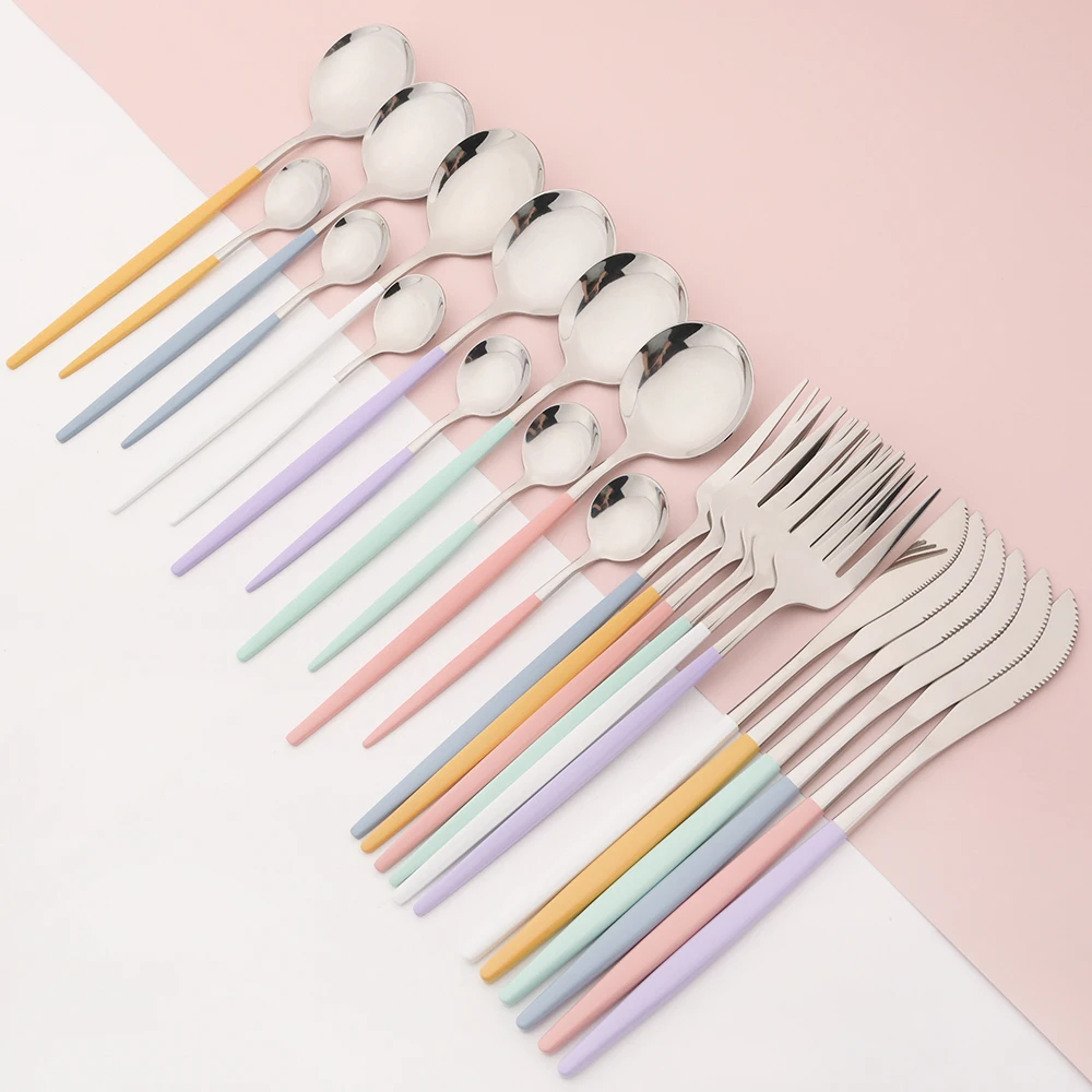 24Pcs Dinnerware Set Stainless Steel Tableware Knife Fork Tea Spoon Cutlery Set Multiple Colour Silverware Kitchen Flatware Set