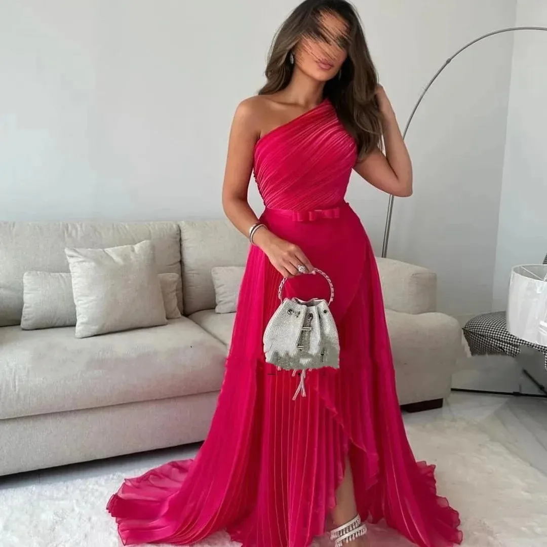 

Prom Dresses A-Line One Shoulder Fuchsia Ruched Pleated Evening Gowns Formal Party Dress For Women فساتين السهرة