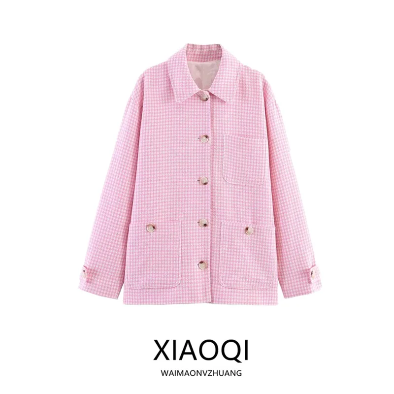 Spring 2026 Women's Long Sleeve Plaid Coat Collar Stand up New Arrival Small Grid Pattern Outerwear Fashion Commute Style