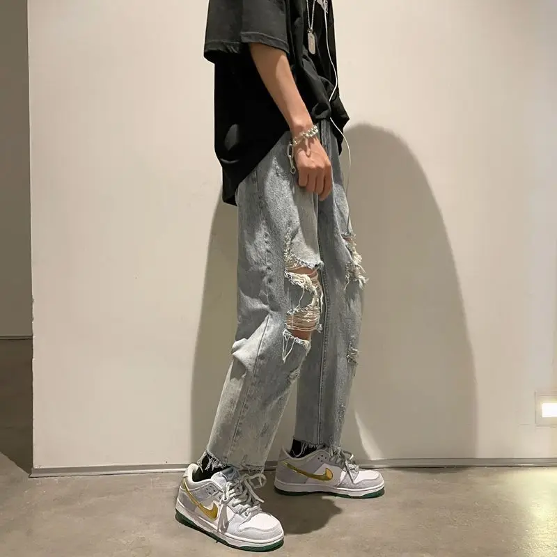 

Foufurieux American Split Hole Jeans Men's Summer Retro High Street Straight Pants Loose Beggar Pants Ripped Jeans Men Clothing