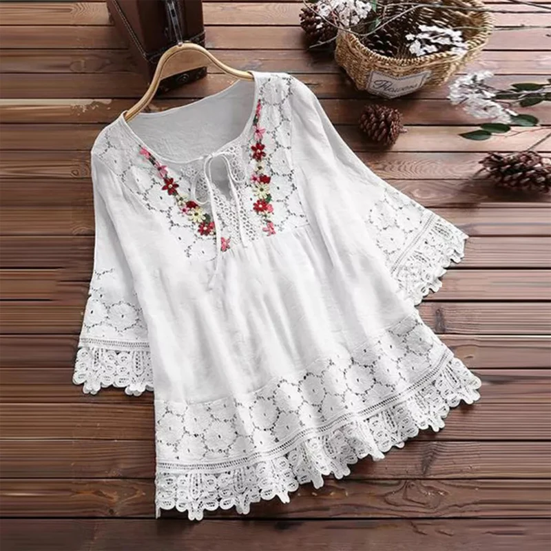 Summer Women's Lace T-shirt Cotton Five-point Sleeve V-neck Loose Casual Tee Elegant Temperament Blouse Women Clothing