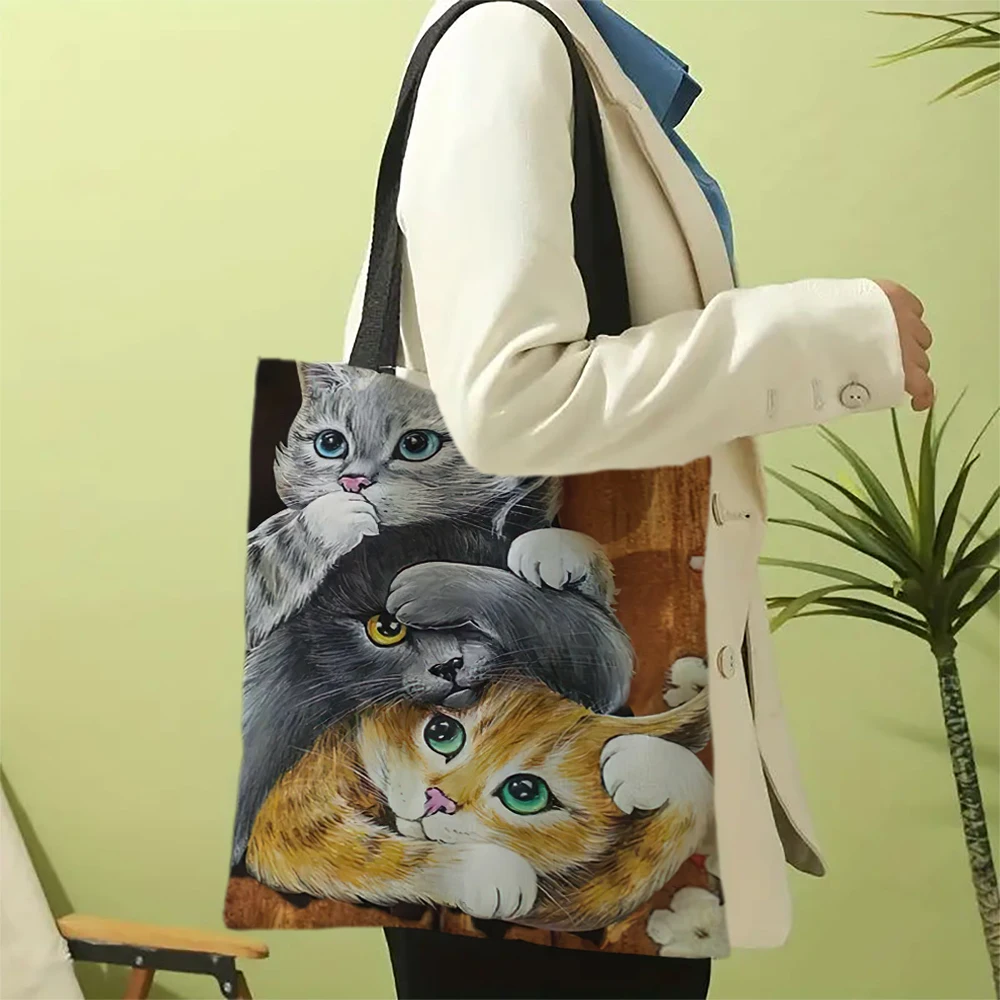 Cute Stacked Cats Pattern Design Canvas Tote Bag For Women, Casual Style Shoulder Bag, Large Capacity Fashion Shopping Bag