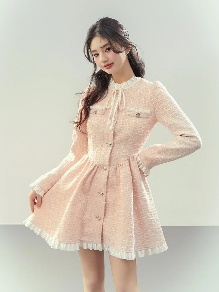 High Quality Small Fragrance Tweed Dresses For Women 2024 Spring Autumn Korean Fashion Sweet Pink Party Dress Vestido Feminino