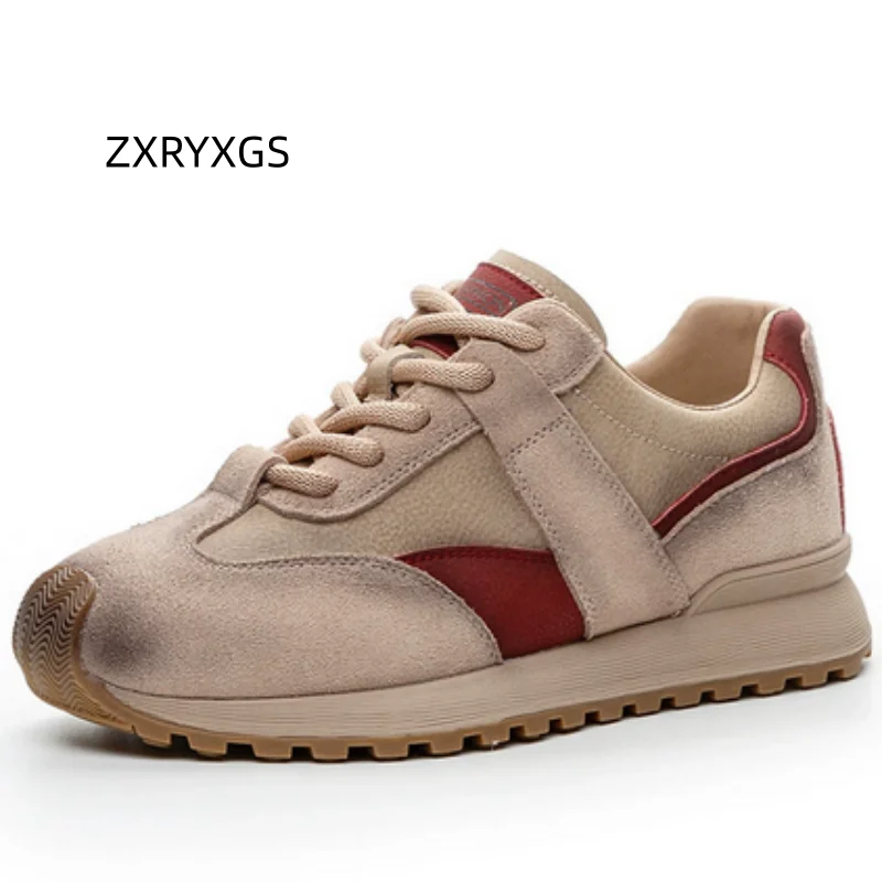 ZXRYXGS 2025 Lace-up Splicing Spell Color Women Genuine Leather Sneakers Breathable Comfort Non-slip Flat Sneakers Travel Shoes